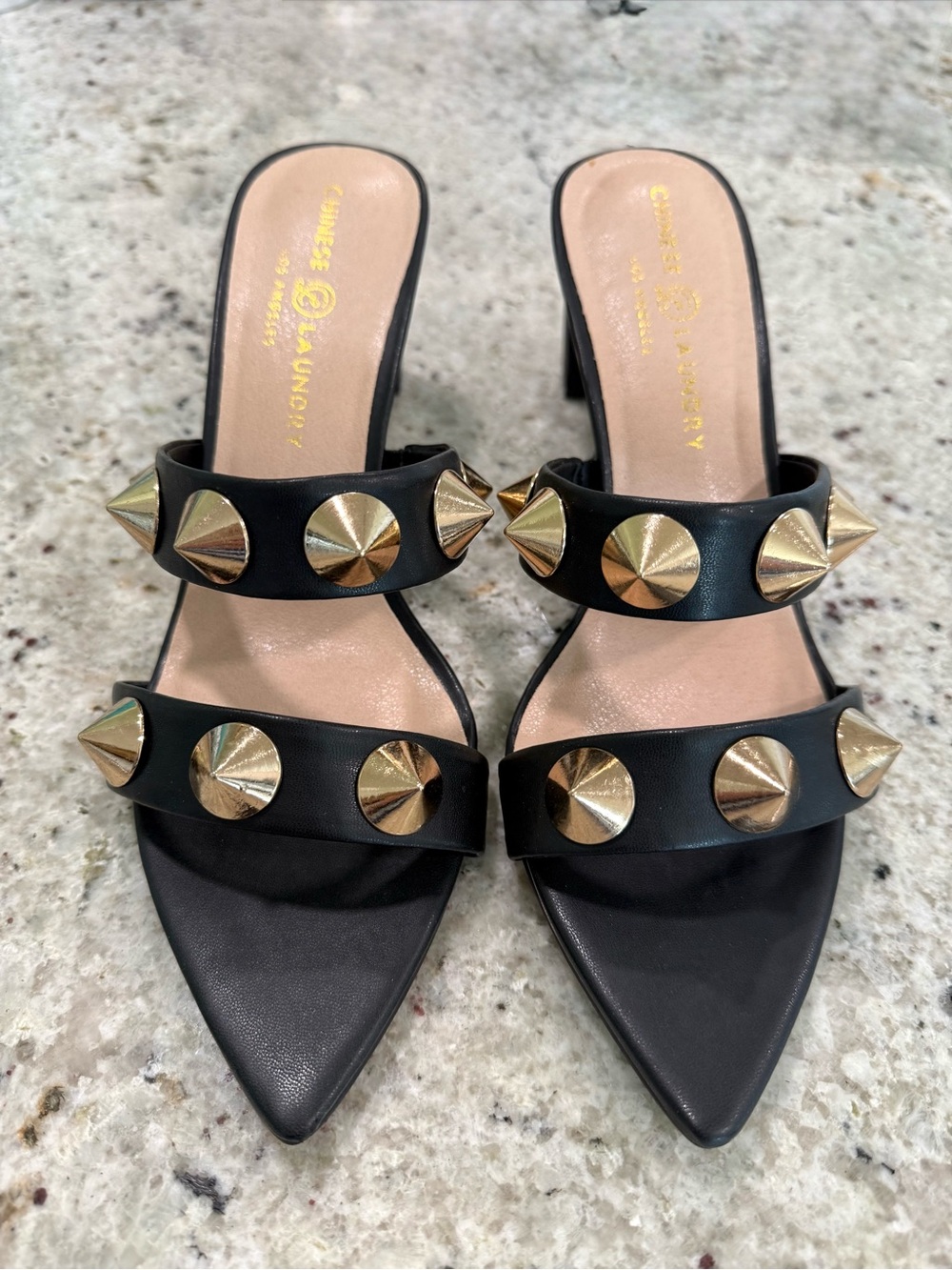 Chinese Laundry Black "Yarley" Mules with Gold Stud Accents NIB
